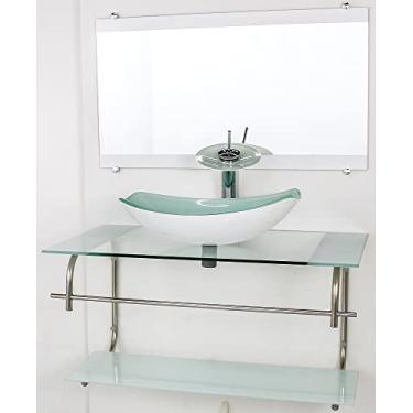 Imagem de GABINETE DE VIDRO PARA BANHEIRO INOX 80CM CUBA OVAL CHANFRADA BRANCO