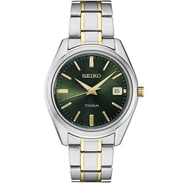 Imagem de SEIKO Relógio masculino essencial - com acabamento Sunray, calendário de data, ponteiros LumiBrite, caixa e pulseira de aço inoxidável e resistente à água de 100 m, Verde/prata, SUR377