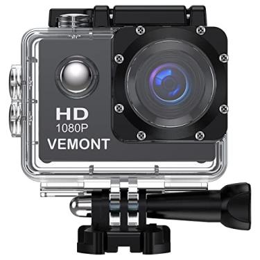 Imagem de VEMONT Câmera de ação, câmera esportiva 1080p 12MP Full HD 5,8 cm, câmera de ação 30 m/98 pés, subaquática, à prova d'água, com lente grande-angular e kit de acessórios de montagem