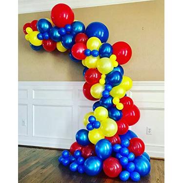 Imagem de 100 peças de guirlanda de balão e kit de arco - 100 balões de látex azul, amarelo e vermelho, tira de balão de arco de 4 metros para decorações de chá de bebê de aniversário