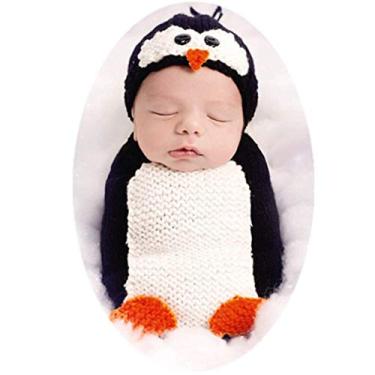 Imagem de Sihgrog Acessórios para fotografia de bebês recém-nascidos, adereços de sessão de fotos de crochê fofo, chapéu de pinguim, saco de dormir, meninos, meninas, adereços para fotos de bebês, Preto, 0-3