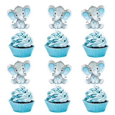 Imagem de Cabedal de cupcake de elefante azul dupla face para festa de aniversário ou chá de bebê, palitos para decoração e artigos de festa, conjunto com 24
