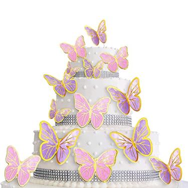 Imagem de Conjunto de 80 peças de topo de bolo de borboleta Feliz aniversário 3D cores mistas rosa roxo palitos cupcake borboleta Topper com cola de pontos decorativos para festa de aniversário, casamento, decoração de parede