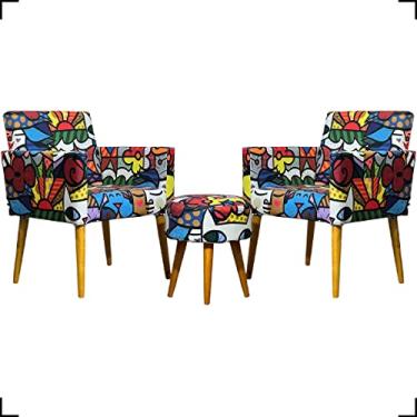 Imagem de Kit 2 Poltronas Cadeiras Para Sala Decorativas Reforçadas Confortáveis Para Recepção Manicure Sala De Espera + Puff Redondo Estampa Cores Pé Castanho - Clique & Decore (Romero Brito)