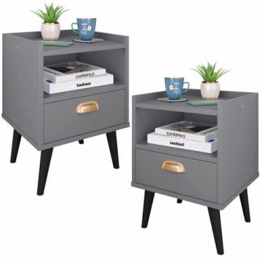 Imagem de Conjunto com 2 Mesas de cabeceira Estilo Retrô Mesinha Lateral Quarto Cama Com Gaveta e Nicho Para Decoração com Puxador Concha Dourado - Lojas RPM (Cinza)