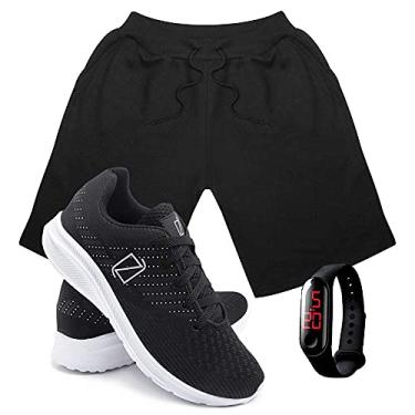 Imagem de Kit Bermuda Moletom Masculina + Tenis Masculino Conforto + Relógio Digital - Preto-PretoBranco/G-43