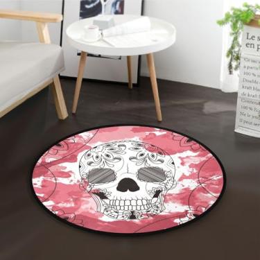 Imagem de GuoChe Line Art Black Skull Happy Halloween Tapete redondo vermelho 0,91 m Tapete de área redonda antiderrapante tapete de área redonda interior para decoração de casa 3' x 3' redondo
