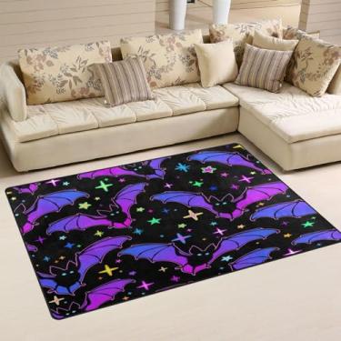 Imagem de GuoChe Tapetes roxos pretos azuis morcegos Happy Halloween 1 x 0,8 m tapete absorvente tapete de jogo para cozinha sala de jogos quarto decoração de casa