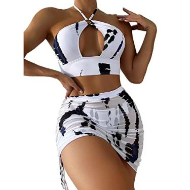 Imagem de Conjunto de Biquíni Feminino Criss Halter, Adequado para a Pele, Feminino Tie-dye, Pacote Com 3 Maiôs, Charmoso Sem Costas, Cintura Baixa, Calcinha para Banho de Sol na Praia (M)