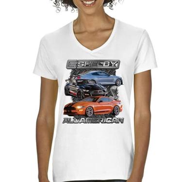 Imagem de Camiseta feminina Shelby All American Cobra gola V Mustang Muscle Car Racing GT 350 GT 500 Performance Powered by Ford Tee, Branco, M