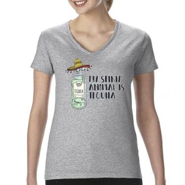 Imagem de Camiseta feminina My Spirit Animal is Tequila gola V Cinco de Mayo Drinking Tee, Cinza, XXG