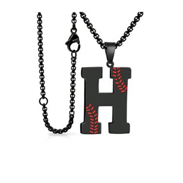 Imagem de LYNNON Colar de beisebol com letra A-Z com pingente de aço inoxidável, acessórios esportivos de beisebol, presentes masculinos com corrente de caixa de 51 + 5 cm - preto/prata, Aço inoxidável, Sem Pedra Preciosa