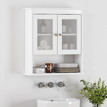 Imagem de Spirich Armário de banheiro montado na parede, organizador de armário de medicamentos com portas de vidro e prateleiras ajustáveis, armário de parede de banheiro sobre vaso sanitário, branco