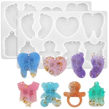 Imagem de Chaveiro Szecl 2 peças com elementos de bebê, molde de silicone, 8 cavidades, pingentes, molde de resina epóxi, pegadas fofas, coração, urso, garrafa, dentes, forma de camiseta, molde de fundição de
