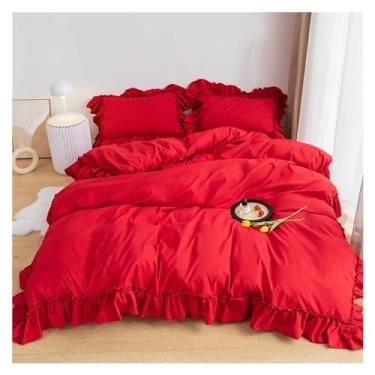Imagem de Jogo de cama queen de renda fofo com babados, lençol de casal com fronha, macio (solteiro Rojo)