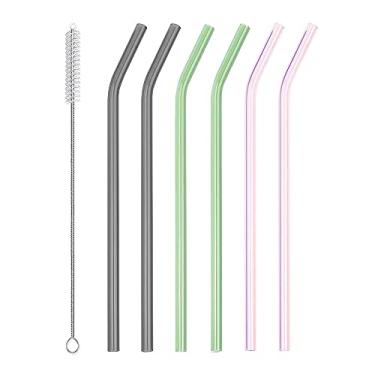 Imagem de Canudos de vidro reutilizáveis – 22,86 cm C x 20,32 cm L – canudos de bebedouro para Smoothie, Milkshakes, pacote com 6 com 1 pincel de limpeza