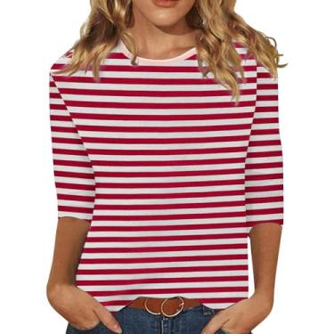 Imagem de Camisetas femininas de manga 3/4 listradas três quartos elegantes casuais estampadas túnica blusas femininas, Ofertas relâmpago vermelho, XXG