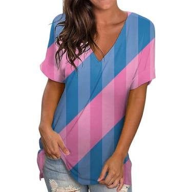 Imagem de Camiseta de verão para mulheres, gola V, caimento solto, casual, manga curta, túnica moderna e confortável, rosa, P