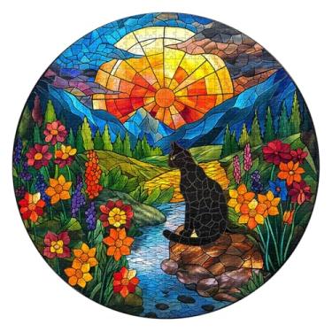 Imagem de PICKFORU Cat Stained Glass Puzzles for Adults 1000 Pieces and up, Colorful Flower Cat Puzzle, Difficult Mosaic Round Kitty Puzzle as Home Wall Art Decor