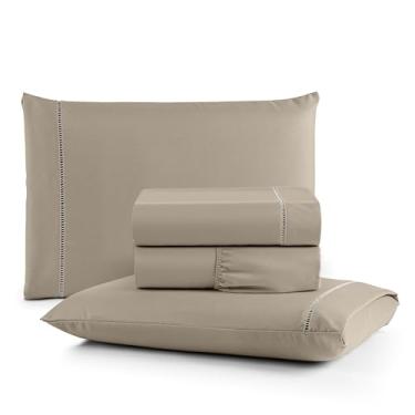 Imagem de Jogo de Cama de Lençol Casal Queen, 600 Fios, Percal, 4 Peças, Ponto Palito, Aba Americana, Antiácaro, Anti-pilling, Toque Macio, Elástico Toda Volta (Kaki)