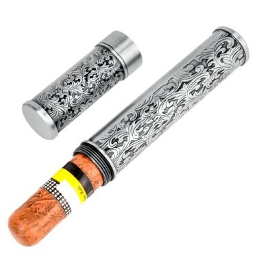 Imagem de Linkidea Capa de suporte de charuto vintage de liga de zinco, tubo único hermético masculino, estojo portátil de viagem para charuto compatível com medidor de 50 anéis, Prata, 18cm x 2.5cm x 2.5cm