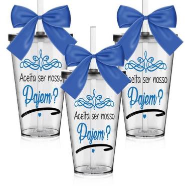 Imagem de Kit 3 Copos Convite Personalizado Pajem Acrílico Azul - Krystalon