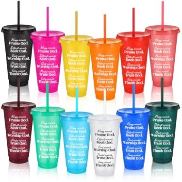 Imagem de Tioncy 12 pacotes de presentes cristãos para mulheres copo de plástico religioso com tampas e canudos versículo bíblico inspirador caneca de viagem com glitter 680 g copo reutilizável presentes de
