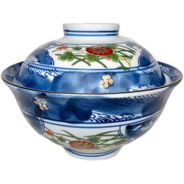 Imagem de Tigela de arroz japonesa Mino Ware 15 cm de diâmetro de porcelana Somenishiki Koimari Donburi Ramen para sopa de macarrão com tampa