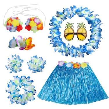 Imagem de PHOGARY Kit de acessórios para fantasia de saia Hula com 8 peças, vestido de festa luau para meninas, conjunto de saia dançante havaiana de 40 cm, Azul, One Size