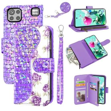 Imagem de Dibosom Capa carteira floral para LG K92 5G com alça de pulso alça de ombro flip zíper bolsa porta-cartão, suporte brilhante brilhante para celular LGK925G K 92 92K LMK920AM Q92 G5 roxo