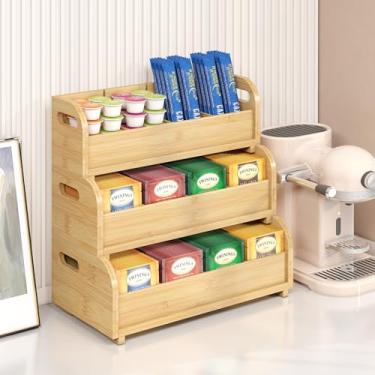 Imagem de Caixa organizadora de armazenamento de saquinhos de chá – Suporte para saquinhos de chá de bambu | Rack empilhável de 3 camadas | Suporte de parede para saquinho de chá de grande capacidade para despensa cozinha, escritório, bancada (natural)