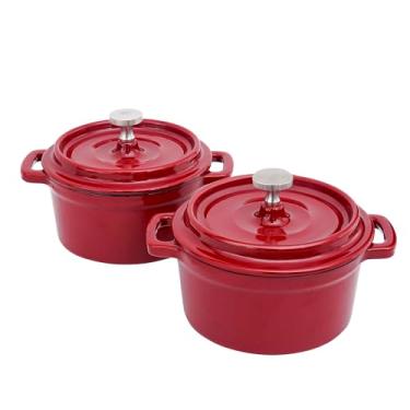 Imagem de Flavehc Mini forno holandês de 680 g Mini Cocotte 0,75 qt. Torrador de alho de ferro fundido para forno, alho, confitado, ramequins com tampas, seguro para forno, conjunto de 2, vermelho