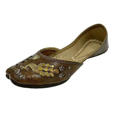 Imagem de Stop n Style Tênis feminino feito à mão Punjabi Juttis tradicional Khussa étnico Mojari feito à mão, Marrom, 38