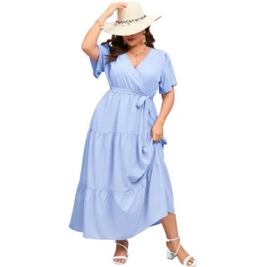 Imagem de KOJOOIN Vestido longo feminino plus size com decote em V, cintura alta, babados, manga curta, vestido casual de verão com cinto, Azul claro, XGG
