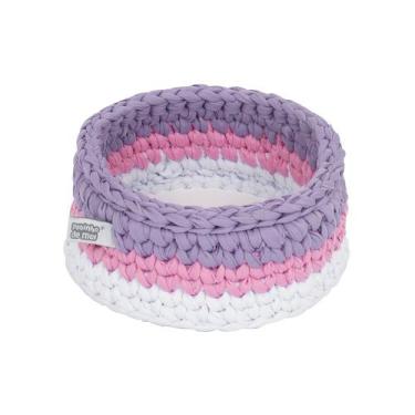 Imagem de Cesto Crochê Redondo 15 CM Rosa e Lilás Quarto Bebê Infantil - Potinho