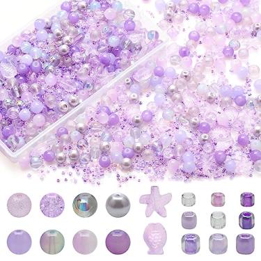 Imagem de Kit de contas de vidro lavanda para fabricação de joias, contas redondas de cristal de 8 mm sortidas com contas de oceano e contas de semente para fazer pulseiras, sortimentos de contas DIY