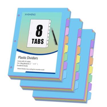 Imagem de 24 peças/3 conjuntos de divisórias para fichário de 3 anéis, divisórias de plástico de 8 abas com abas, divisórias de arquivo de cor pastel, divisórias de caderno para escola, escritório