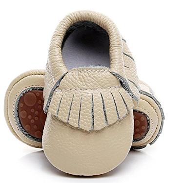 Imagem de HONGTEYA Mocassins de couro para bebês e bebês com sola rígida e borla, Begie, 9.5 Toddler