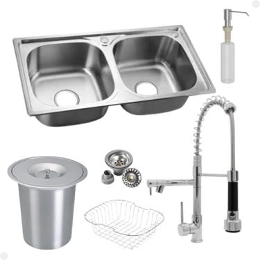 Imagem de Kit Cuba Dupla Inox + Acessórios Com Torneira Gourmet Monocomando Vip Cromada E Lixeira de Embutir 5 Litros