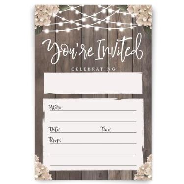 Imagem de Convites de festa rústicos para chá de panela - 20 convites com envelopes - Design de madeira com cordão de luzes - Recepção de casamento, festa de noivado, jantar de ensaio, aniversário ou