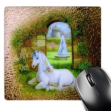 Imagem de 3dRose Mouse pad LLC 20,3 x 20,3 x 0,63 cm, linda unicórnio branco e um portão dourado (mp_52233_1)