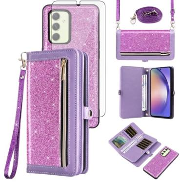 Imagem de Asuwish Capa de celular para Samsung Galaxy A54 5G carteira com zíper destacável com película de vidro temperado, alça flip com glitter, suporte para cartão A545G A 54 54A 4G G5 SM A546U feminino roxo