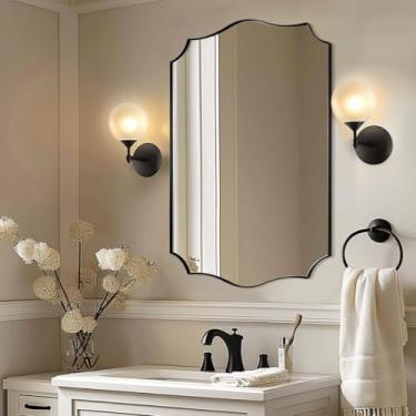 Imagem de MIRRORART Espelho de banheiro preto recortado, espelhos de banheiro preto fosco, espelho de parede preto emoldurado de metal, espelho de formato irregular de 55 x 76 cm, espelho de parede ondulado