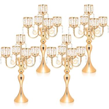 Imagem de Kehail Castiçais de candelabro dourado, centro de mesa elegante com pingente de cristal decorações de mesa castiçais de 5 braços para sala de jantar, 55 centímetros de altura (4, dourado)