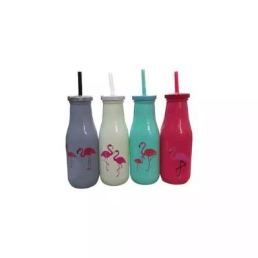 Imagem de Garrafa de Vidro Flamingo com Canudo 430ml  Estilo e Praticidade para 