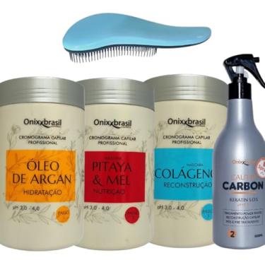 Imagem de Kit Cronograma Capilar Profissional Orgânico Hidrata Nutre Repara com Queratina Líquida Onixxbrasil + Escova Mágica Desembaraçadora Antiquebra Aska