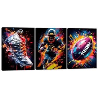 Imagem de Conjunto de 3 arte de parede esportiva de graffiti - sapatos de jogador de futebol americano, pintura em tela colorida, decoração de parede colorida, pôster para estética de quarto, arte de parede em