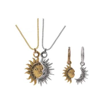 Imagem de Colar combinando sol e lua para casal assimétrico sol lua brincos de argola para mulheres vintage casal meia lua sol pingente colar joia para homens, 2.5cm, Sem Pedra Preciosa
