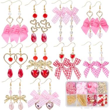 Imagem de SUNNYCLUE 1 caixa faça você mesmo, 10 pares, kit de fabricação de brincos, berloques de laço para dia dos namorados, fita de poliéster, pingente de laço rosa, vermelho, contas de vidro para kits de