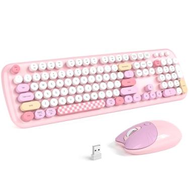 Imagem de Combo retrô de teclado e mouse sem fio, teclado de máquina de escrever SQMD tamanho completo com teclas coloridas redondas, mouse silencioso de 2,4 G para Windows PC, casa, escritório e faculdade -